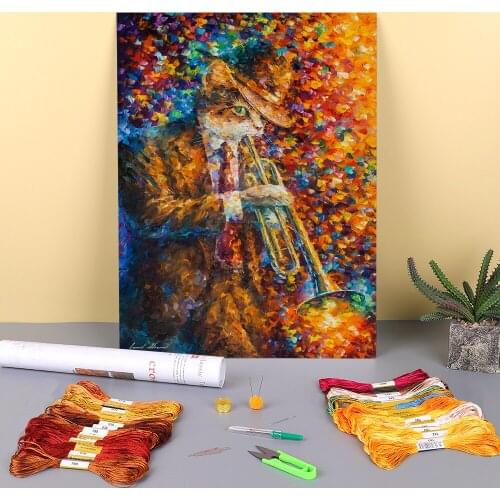 Trumpet Cat Printed Water-Soluble Canvas 11CT Cross-Stitch Embroidery Full Kit DMC Threads Knitting Needlework Craft Sales