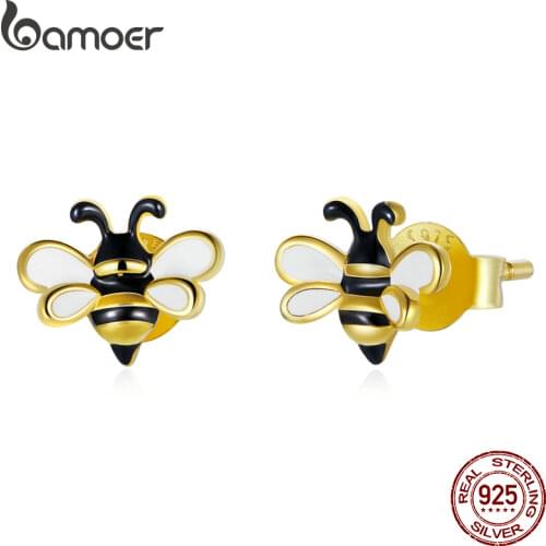 BAMOER Little Bee Stud Earrings 925 Sterling Silver Yellow Enamel Animal Insect Earrings for Women Statement Jewelry SCE1182