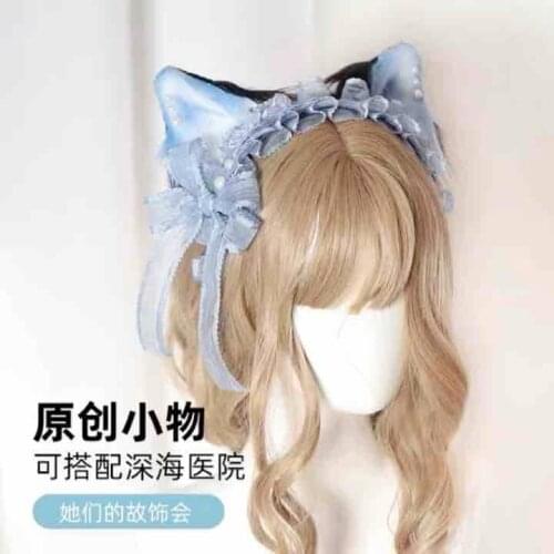 Blue Headdress Lolita Girl KC Hair hoop Cat Ears Hair Clip Elegant Bowknot Lace Side Clip Animal Ear Top Clip Hat Edge Clamp