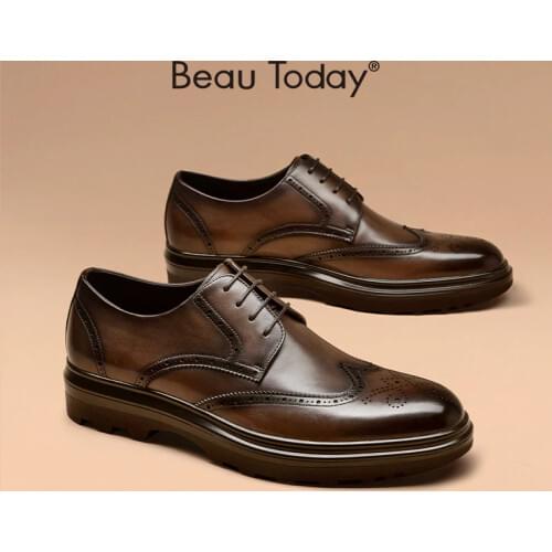 BeauToday Brogue Shoes Men Genuine Cow Leather Male Derby Fretwork Waxing Wingtip Round Toe Office Formal Shoes Handmade 55502