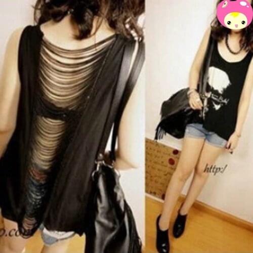 Vintage Womens Tassel T Shirt Open Shirts Ladies Pop Back Skull Punk Singlet Long Shirts Tees T-Shirts Sexy Lady Tops Blusas