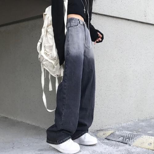Retro Gradient Color Women Jeans 2021 New Washed High Waist Black Straight Pants High Street Casual Loose Female Trousers
