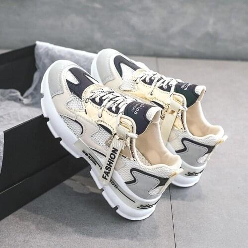 Women Summer Hollow Sports Shoes Student Casual Shoes Breathable White Shoes Mesh Mix-color Chunky Dad Shoes Training Sneakers