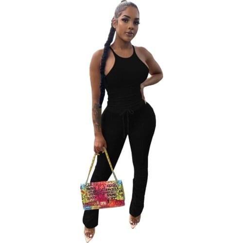Women Summer Solid Two Piece Set Casual Tracksuit Sleeveless Tank Top T Shirt Drawstring High Waist Stacked Pants Suit