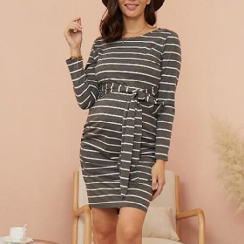 Womens Long Sleeve Round Neck Maternity Dress High Waist Knee Length Striped Casual Maternity Clothing Autumn Vetement Femme