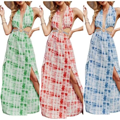 2021 Fashion Women Sexy Backless Slit Dress Tie-dyed Printed Pattern Deep V-neck Sleeveless