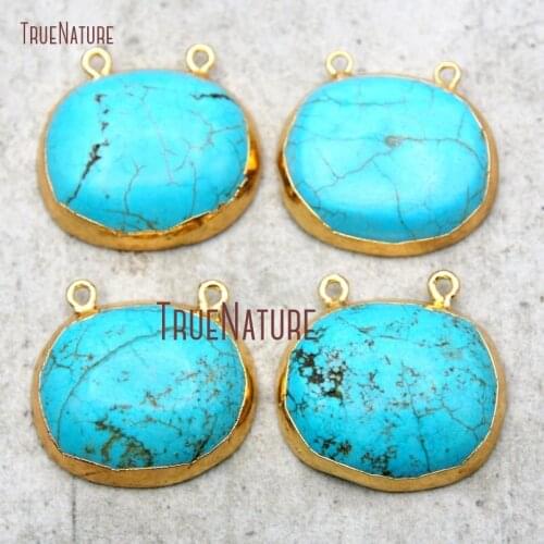 10Pcs Blue White Turquoises Top Double Bail Pendant Gold Electroplated Free Form Pendant 30x28mm PM14579
