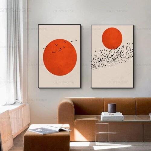 Abstract Minimalist Sunset Dusk Trees Silhouette Flocks of Flying Birds Round Fiery Sun Nordic Home Canvas Print Poster