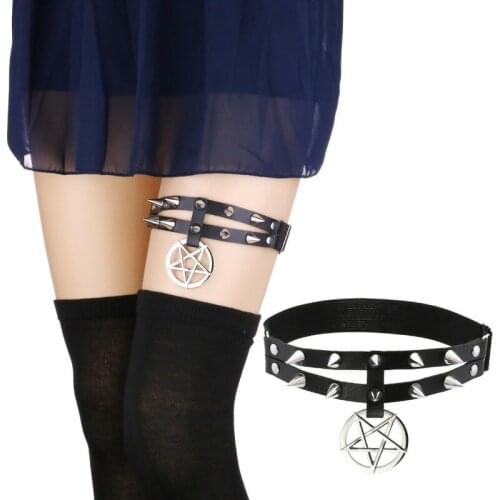 Elastic Double Row of Spiked Five-pointed Star Leather Garters Punk Girls Adjustable Thigh Stokings Socks Clip Harness Garter