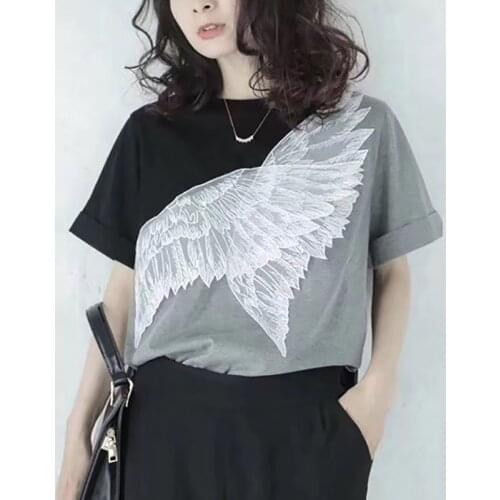 Women T-shirt Summer New Cotton Casual Short Solid O-Neck womens clothing Euro-America style wing flight high street