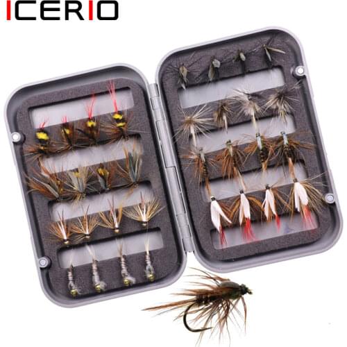 ICERIO 32pcs/Box Trout Fly Fishing Assorted Flies Kit Nymph Dry Wet Flies Fishing Fly Lure Bait