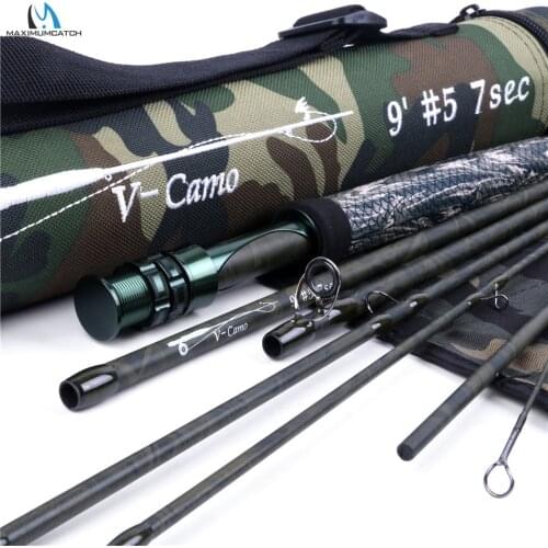 Maximumcatch Camo 9FT 5WT Fast Action Fly Rod 10/36T Carbon Fiber 7Pieces Travel Fly Fishing Rod with Cordura Tube
