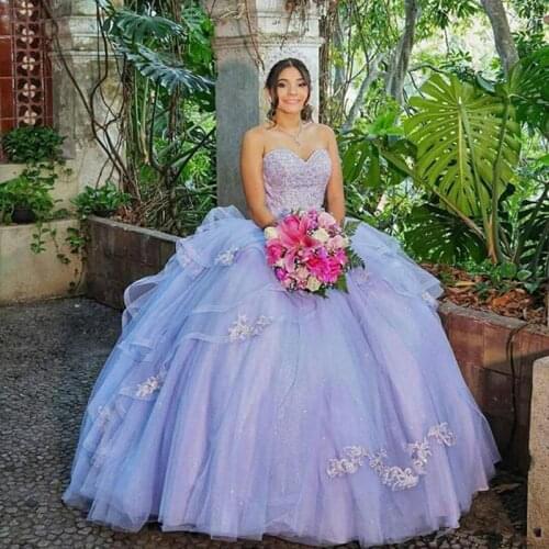 Lavender Lace Quinceanera Prom Dresses Ball Gown Tulle Cheap Evening Party Sweet 16 Dress Custom Made