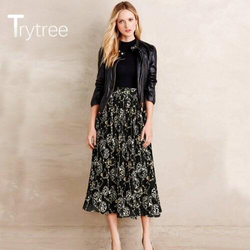 Trytree 2020 Summer Woman Casual Skirt Print Fashion Pleated A-line Fashion Chiffon Vintage Elegant Temperament Mid-Calf Skirt