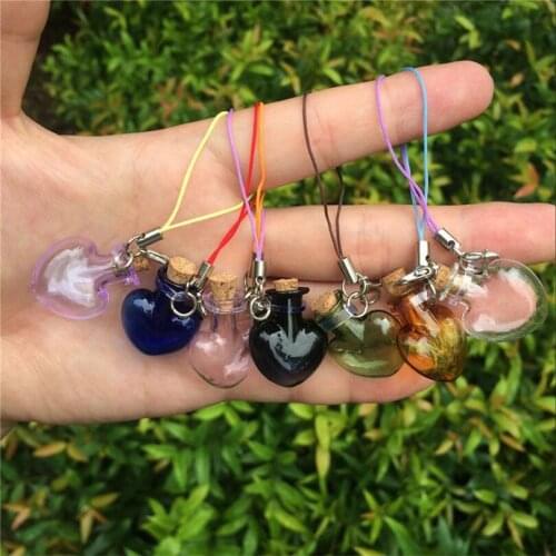 Love Heart Shaped Mini Glass Bottles With Corks Lobster Clasp Keychains DIY Small Gifts Jars Mix 7 Colors