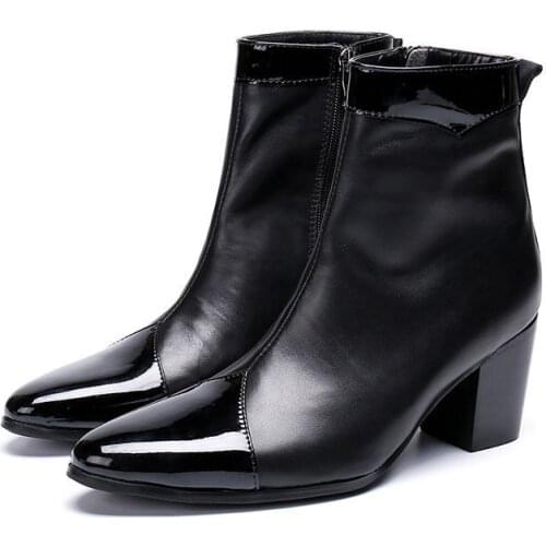 Autumn Winter High Heel Men Boots Quality Embossed Leather Chelsea Ankle Boots Trendy Pointed-Toe Warm Boots Height Increase 6CM