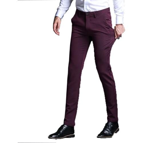 2020 Autumn Mens Slim Casual Pants Fashion Business Wine Red Trousers Male Brand Straight Cotton Suit Pants Pantalon Hombre 36
