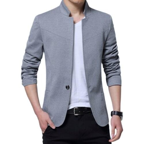 Black Stand-Up Collar Mens Blazer Fashion Slim Coat Men Gray Blue Outerwear Spring and Autumn New Male Overcoat