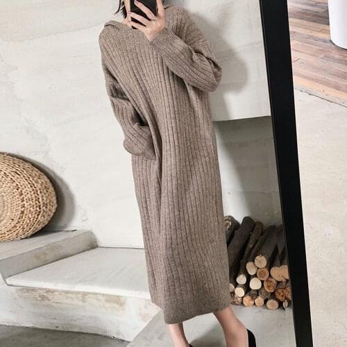 Autumn And Winter Dress New Womens Lazy Style Hooded Loose Knit Dress Stretch Was Thinner Long Sweater Thicken Stripe Dresses