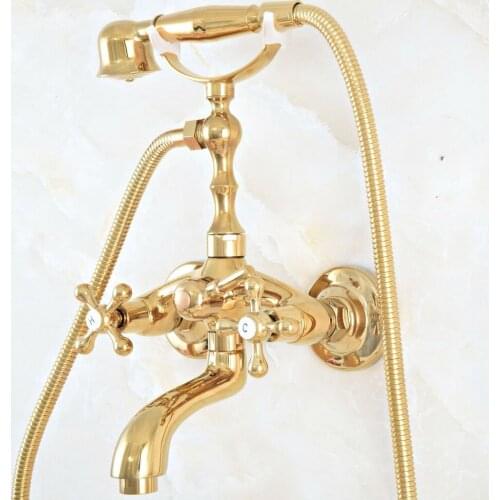 Luxury Polished Gold Color Brass Bathroom Wall Mounted Clawfoot Tub Faucet Taps Set With Hand Held Shower Head Spray mna808