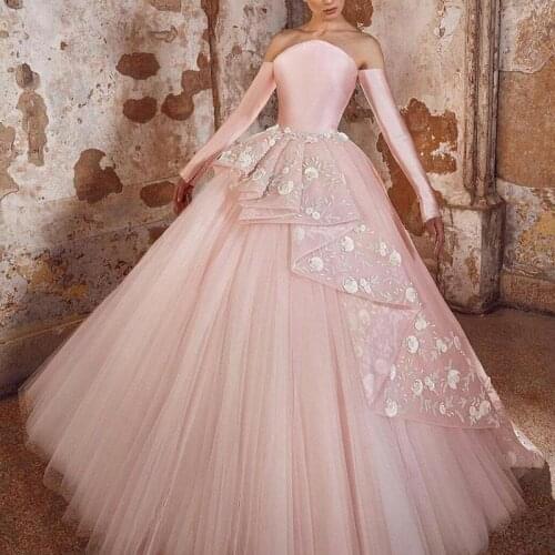 Pink evening dresses 2021 lace applique strapless neckline tulle ball gown pink long prom dresses