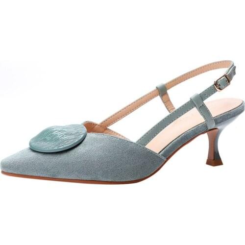 Women Sandals Thin High Heels Sandals Chaussures Femme Flock Buckle Strap 5CM Pointed Toe Shallow Back Strap black green