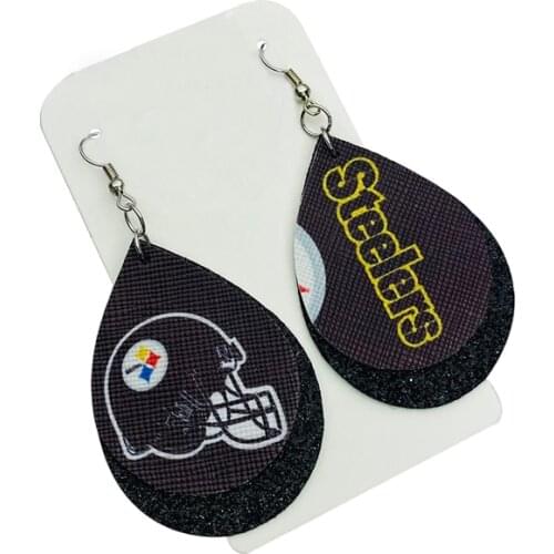 Layered Glitter Pittsburgh Steelers Football Fans Faux Leather Earrings Doubles Lightweight Teardrop Earrings Cерьги Make Order