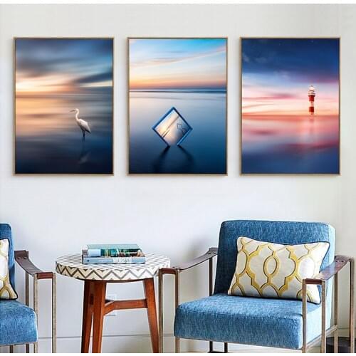 Scandinavian Transparent Photo Frame Sunrise Landscape Canvas Painting Aurora Lighthouse Wall Picture Seagull Ocean Poster Decor