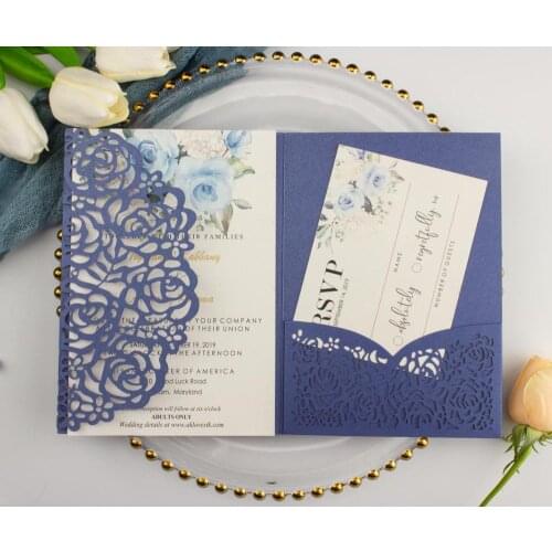 50pcs pearl dark navy blue pocketfold Wedding invitation Cards three fold pocket Laser Cut rose invite Greeting Covers for party