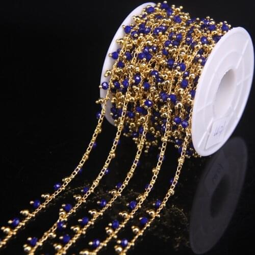 Dark blue Glass Crystal Plating gold Copper beads Chain,3x4mm Faceted Rondelle Beaded Dangle Wire Wrapped Rosary Chain jewelry