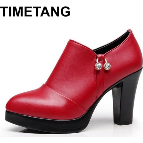 TIMETANGTop Quality Womens Platform Shoes New 2019 Pearl Split Leather Pumps Women High Heel Shoes Office Work Shoe Big Size