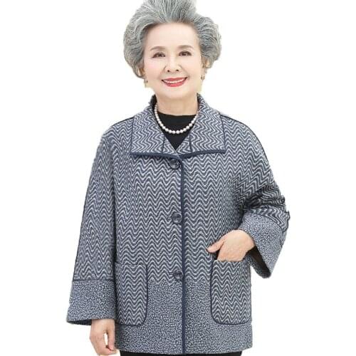 Middle-Aged Grandma Spring Autumn Jacket Women Large Size Single-Breasted Stripe Blended Woolen Coat Outerwear Female Tops 5XL