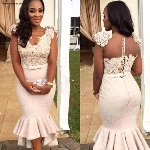 South Afraican Black Girls Sheer Back Evening Dress Mermaid Tea Length Formal Party Gown Plus Size Custom Made