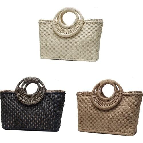 Bohemian Women Summer Beach Woven Straw Handbag with Round Top Handle Travel Vacation Weave Braided Zipper Large Tote Bag Bucket