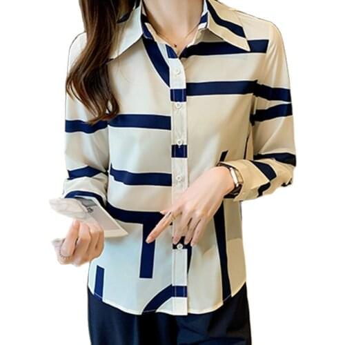Vogue striped print ladies shirts Womens Blouses New Spring Autumn Long Sleeve Shirts Tops Blusas Mujer