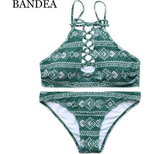 BANDEA bikini women 2019 swimwear green print swimsuit halter bikini set padding biquini hollow out maillot de bain femme KM566