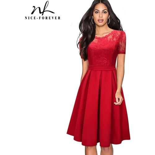 Nice-forever Summer Women Retro Lace Patchwork Elegant Dresses Sexy Back V Party A-line Flare Dress btyA203