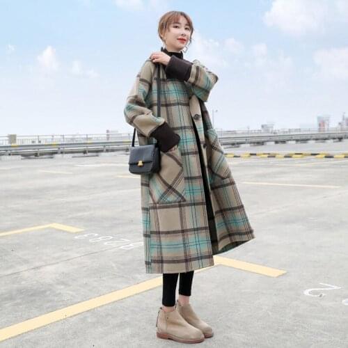 Plaid Woolen Coat Autumn and Winter Fashion Patchwork Long Thick Warm Cashmere Coat Women Elegant Trendy Casaco Feminino f2419