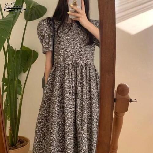 2021 Floral Maxi Dresses Summer Elegant Women Dress Vintage A-line Korean Chic Bubble Sleeve Short Sleeve Dresses Vestidos 15198