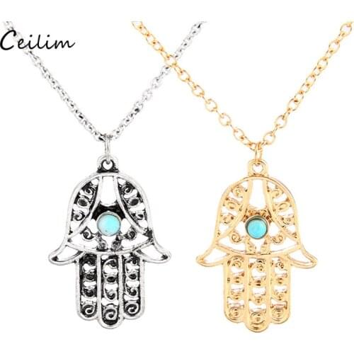 2020 Gothic Green Beads Hamsa Pendants Necklaces For Women Vintage Gold Long Chain Necklace Lucky Fatima Hand Jewelry Collier