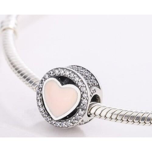 925 Sterling Silver Pink Enamel Heart Beads CZ White Transparent Zircon Pendant Charms Bracelet DIY Jewelry Making For Pandora