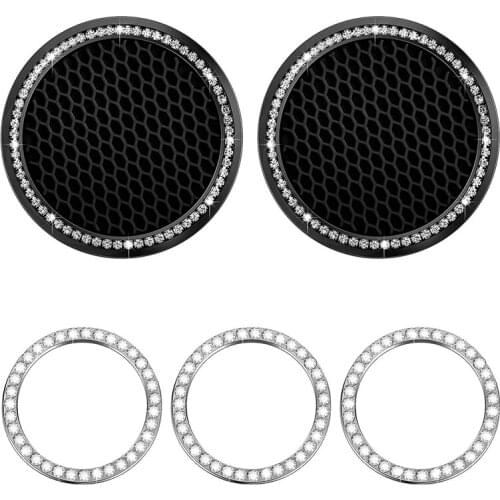 Bling Car Coasters Accessories-2.75 Inch Silicone Anti SlipInsert and Car Engine Bling Stickers Ignition Button Rings