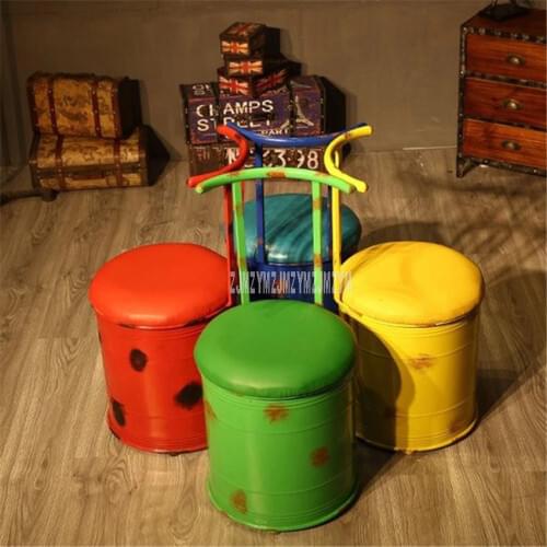 Retro Iron Art Bar Chair With Large Storage Space Round Creative Oil Barrel Shape Design Simple Modern Bar Chair With Backrest