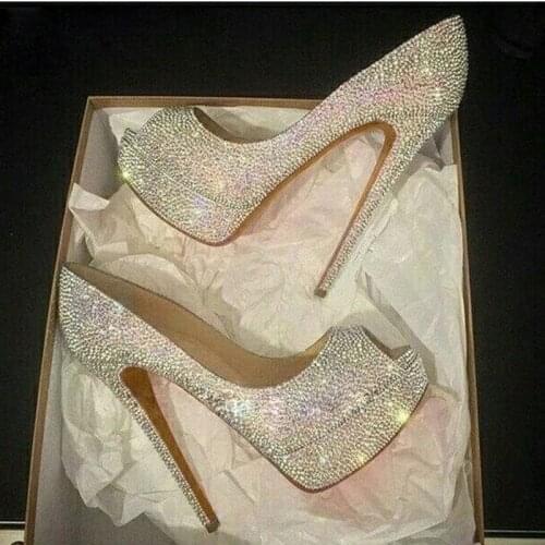Bling Bling Crystal Wedding Shoes Open Toe Platform Shiner Rhinestone Banquet Pumps Super high heels Slip-on Evening Party Shoes