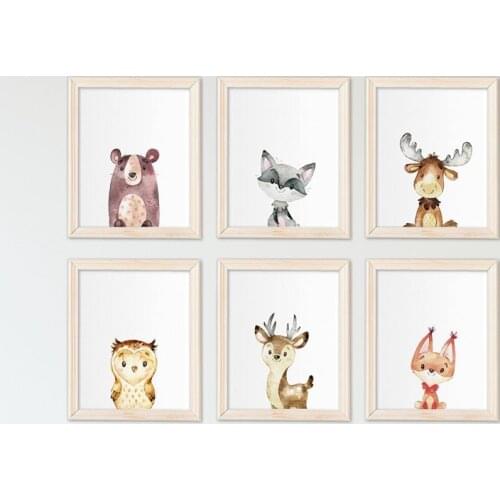 Woodland Animals Art Canvas Painting Wall Picture Nursery Decor , Cute Watercolor Rabbit Fox Bear Prints Baby Room Wall Art