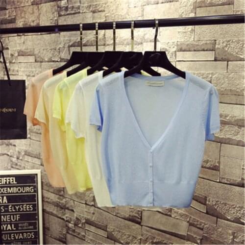 Korean Fashion M-XL Summer Spring Women V-Neck Knitted Casual Loose Sweaters Cardigans Lady Short Sleeve Knitting Outwear Z3284