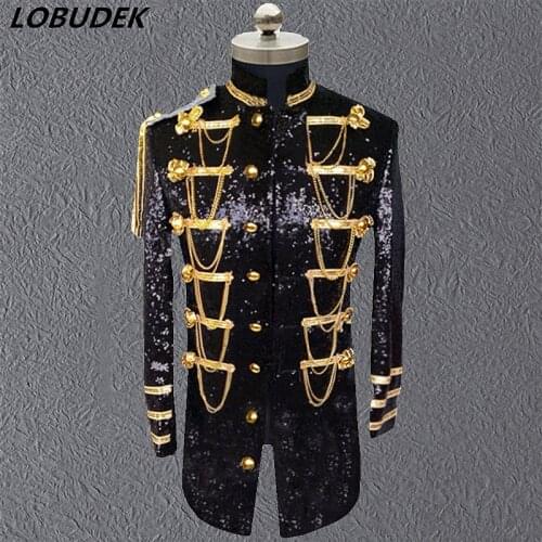 England style Mens long jacket Black Silvery Sequins Tide Male coat Outfit Wedding groom dress Bar Prom singer stage costumes
