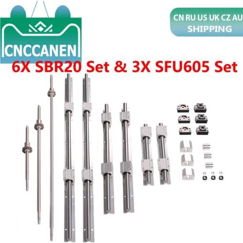 SBR20 CNC Set Linear Guide Any Length 6PCS Linear Rail +12x SBR20UU Linear Bearing Blocks+3x SFU1605 Ball Screw+DSG16H Nut Set