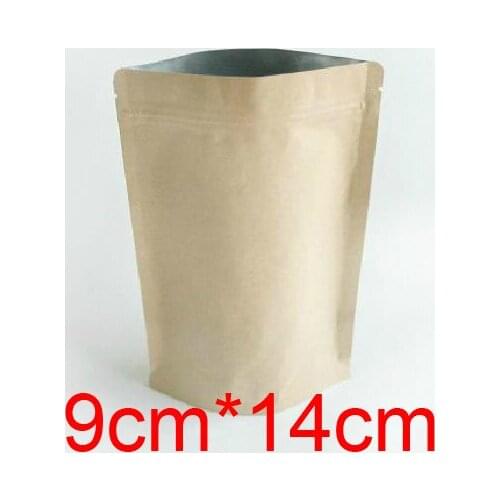 New Free Shipping 200pcs/lot 9cm*14cm+3cm*140mic High Quality Kraft Paper Stand Up Pouch With Zipper Bags Paper Packaging