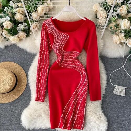 2021 New Fashion Womens Dress Female Sexy Style O-Neck Full Sleeved Dresses